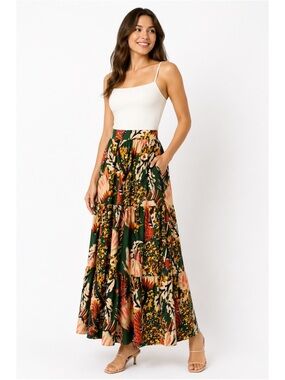 NWT Pearl Pagoda Monarch Butterfly Green Tiered Cottagecore Maxi Skirt